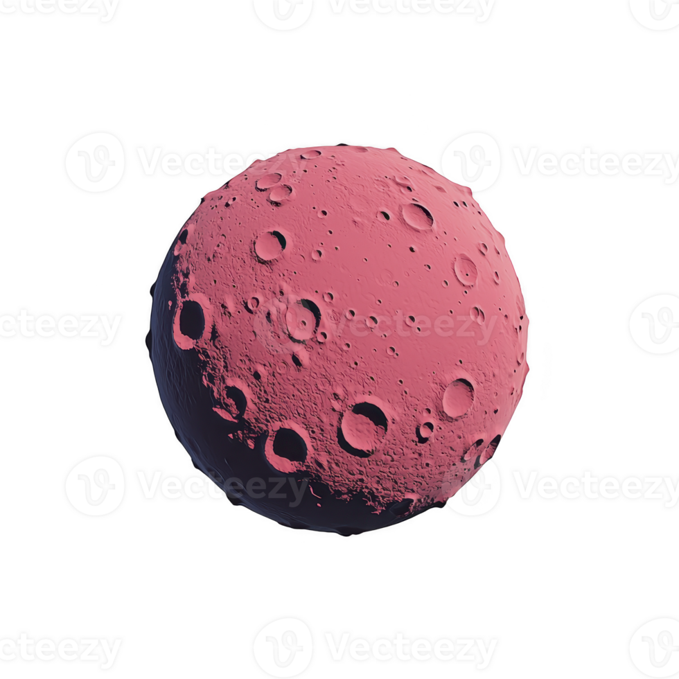 This features pink, textured sphere resembling stylized moon or planet with craters, set against transparency background. unique color and surface details create surreal and artistic impression png