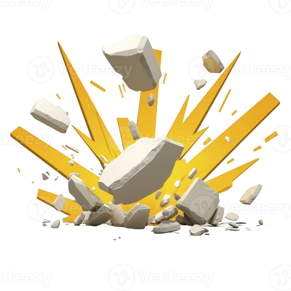dynamic explosion of rocks and debris with vibrant yellow energy bursts outward, creating sense of powerful impact and motion. scene is dramatic and energetic png