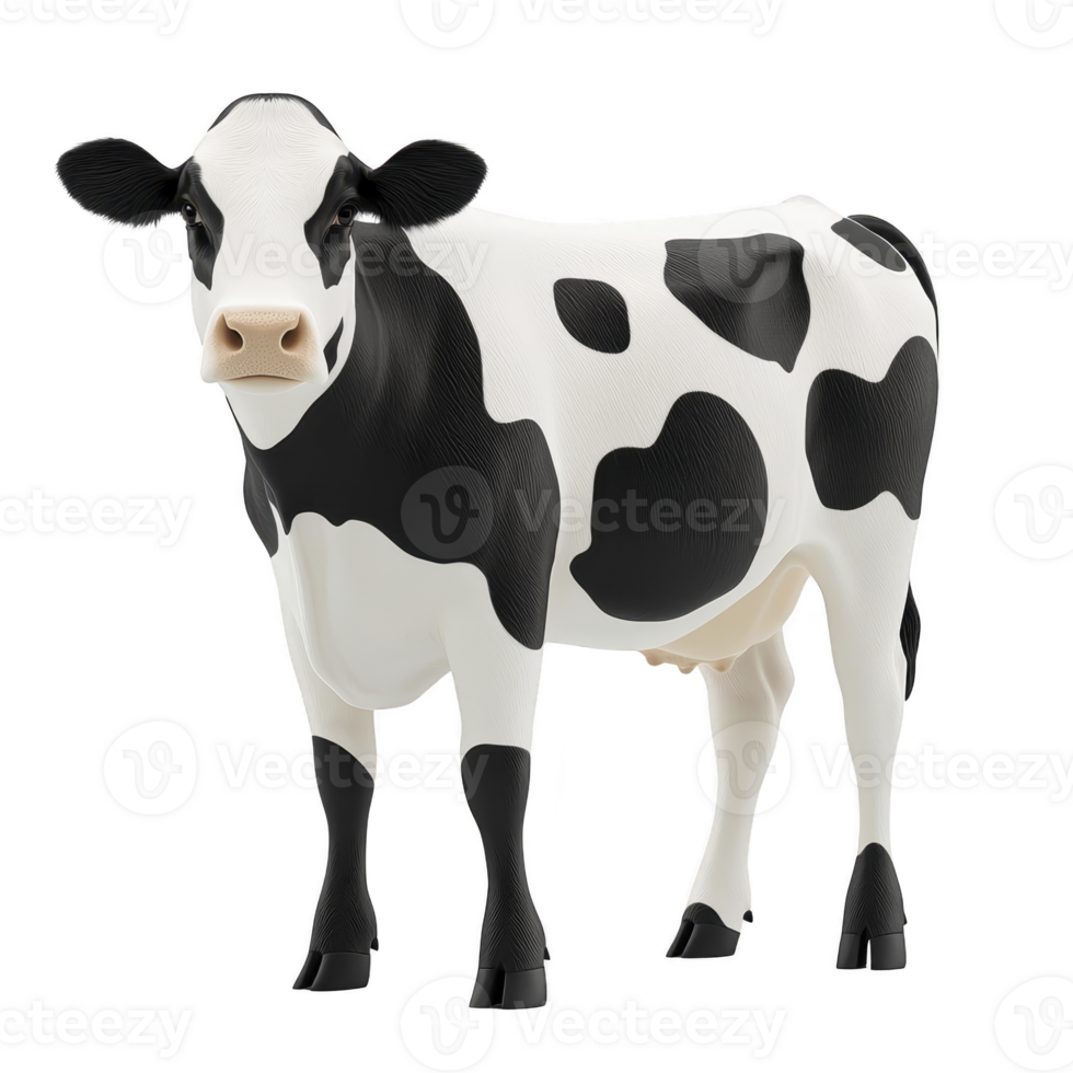 black and white cow stands facing forward, showcasing its distinctive spotted pattern. cow appears calm and is positioned against plain background, highlighting its features png