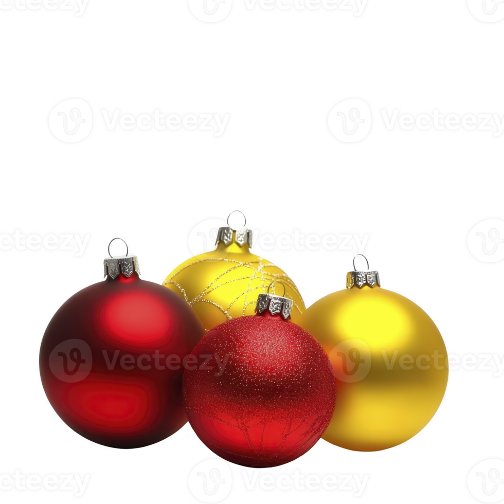 Four vibrant Christmas ornaments, two red and two gold, are arranged together, showcasing festive and joyful holiday spirit. ornaments have shiny and glittery texture, perfect for decorating png