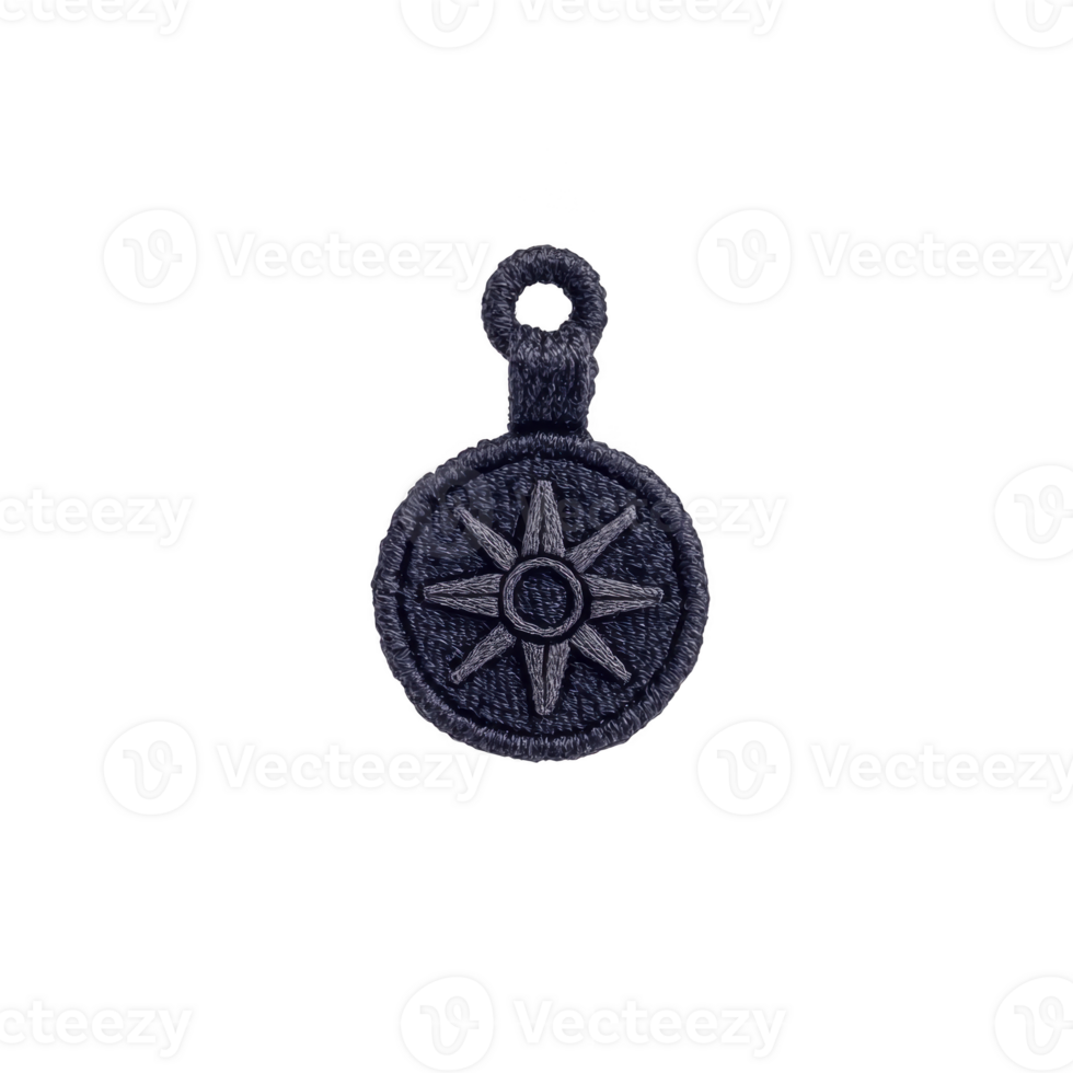 This features circular embroidered patch with compass rose design, symbolizing direction and exploration. patch has loop top for attachment, and design is simple yet striking.compass patch design png