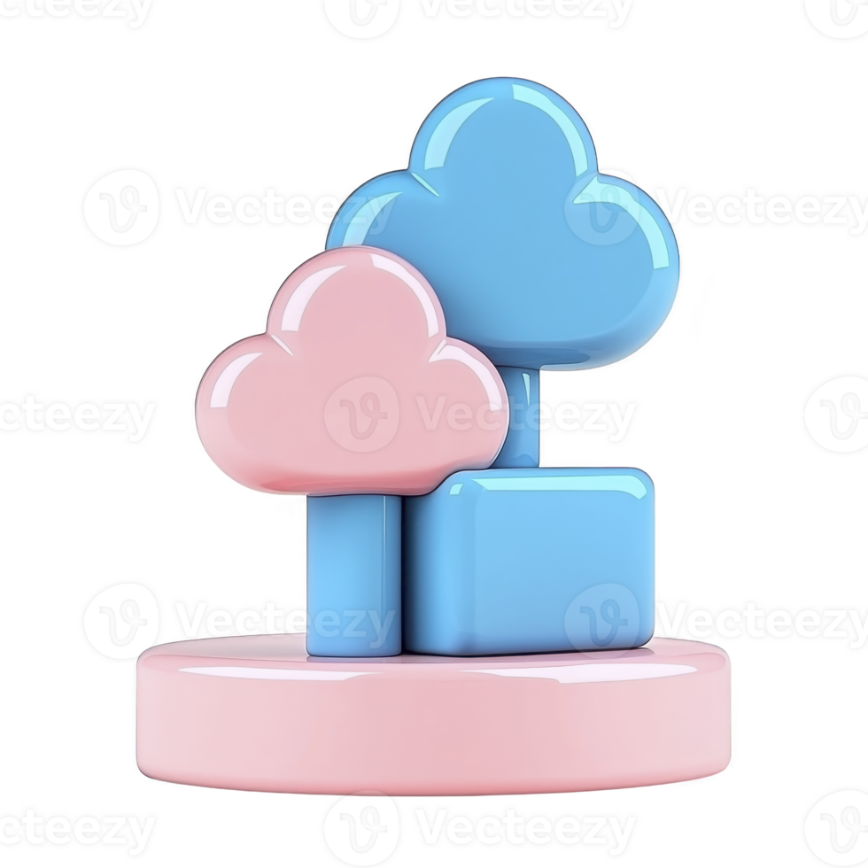 3D illustration of pastel colored clouds and geometric shapes, featuring pink and blue hues, creates playful and modern design. glossy finish adds touch of elegance png