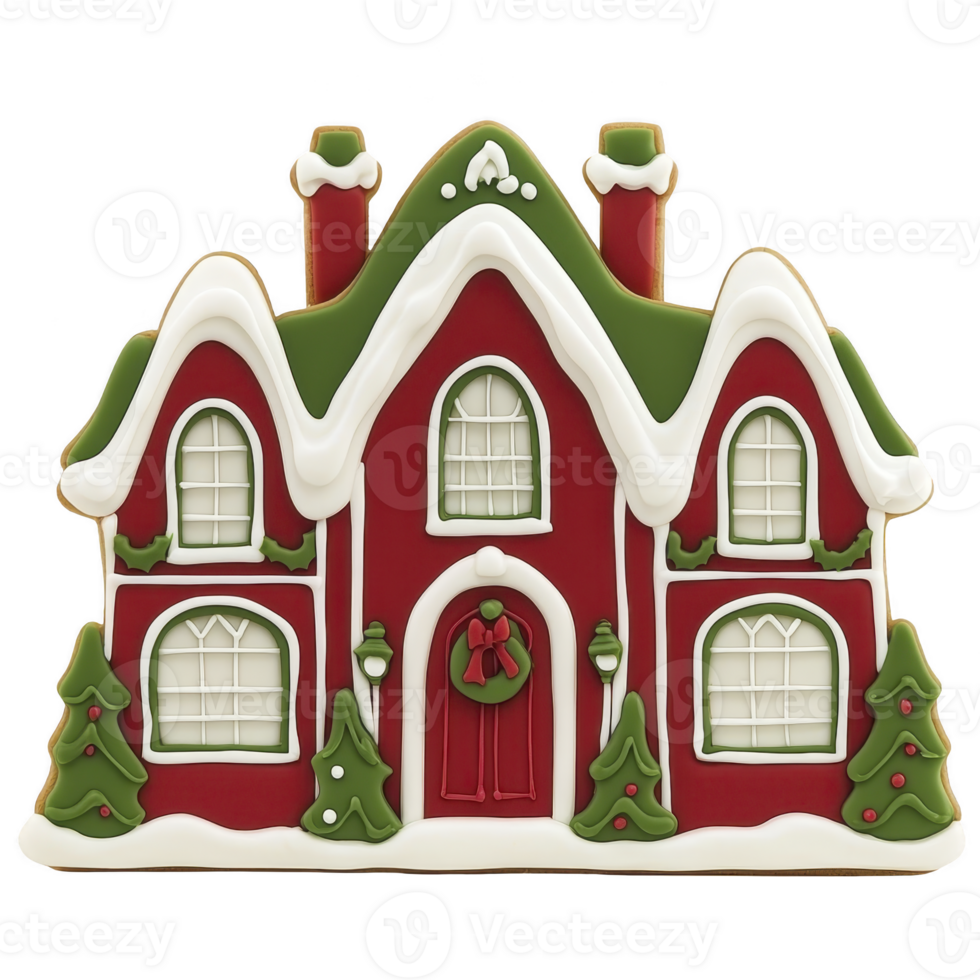 festive gingerbread house cookie decorated with red icing, green accents, and white snow like frosting, featuring windows, door with wreath, and small trees png