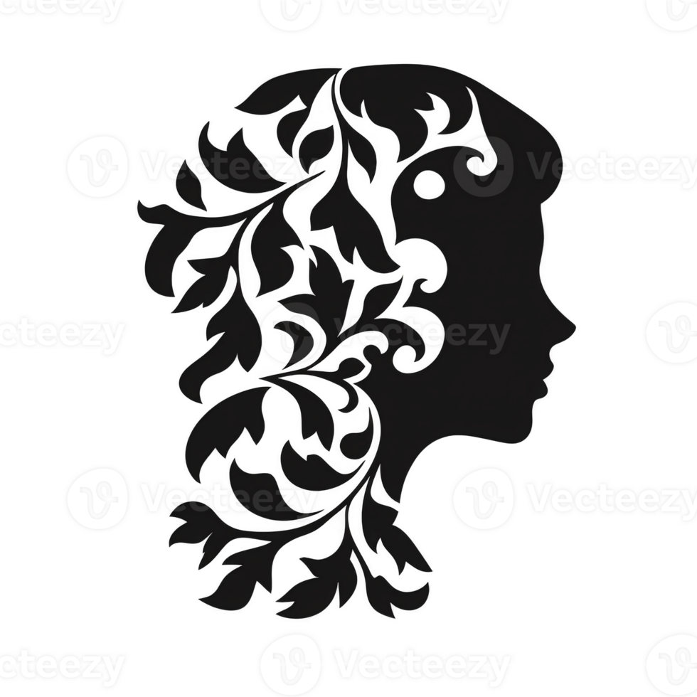 Silhouette of woman profile with intricate floral patterns and leaves creating elegant and artistic design. image combines nature and human form in creative and harmonious way png
