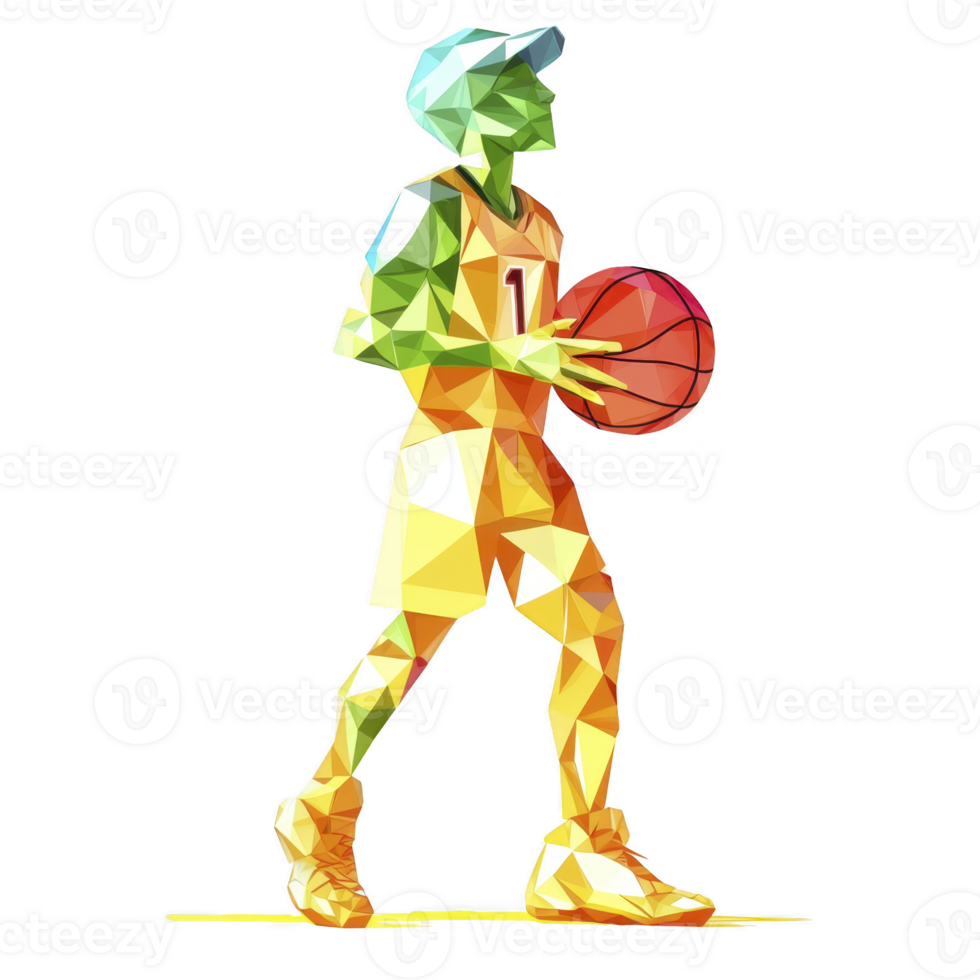 Polygonal illustration of basketball player in motion, wearing yellow uniform and holding basketball, showcasing dynamic movement and vibrant colors png
