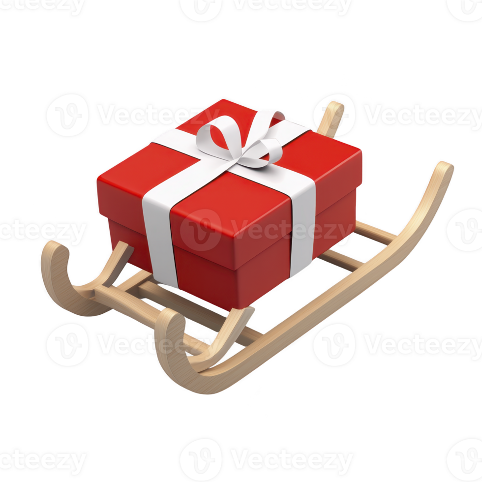 red gift box with white ribbon sits on wooden sled, evoking festive and joyful holiday atmosphere png