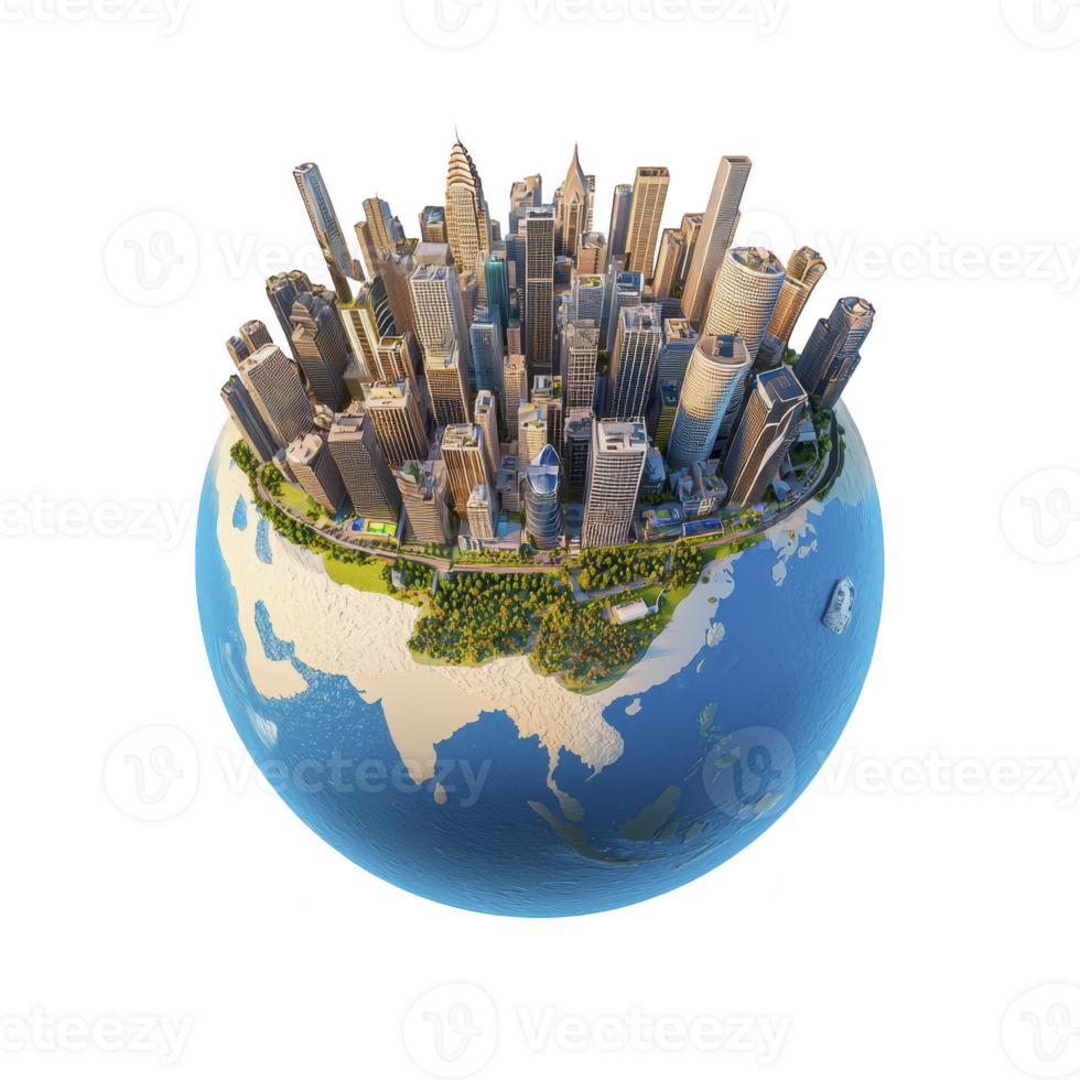 miniature cityscape with skyscrapers and greenery sits atop globe, symbolizing urbanization and global connectivity. image creatively blends architecture with natural world png