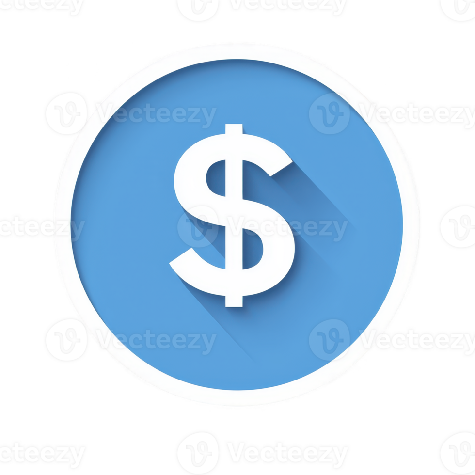 blue circular icon features prominent white dollar sign in center, symbolizing finance and currency. design is simple and modern, with shadow effect adding depth png