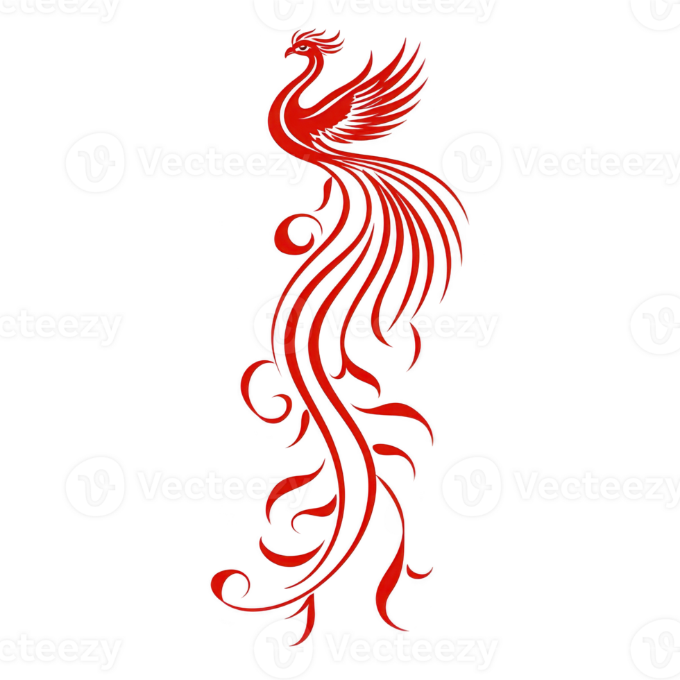 vibrant red phoenix with intricate swirling tail feathers symbolizes rebirth and strength. elegant design features flowing lines and majestic pose, evoking sense of power and grace png