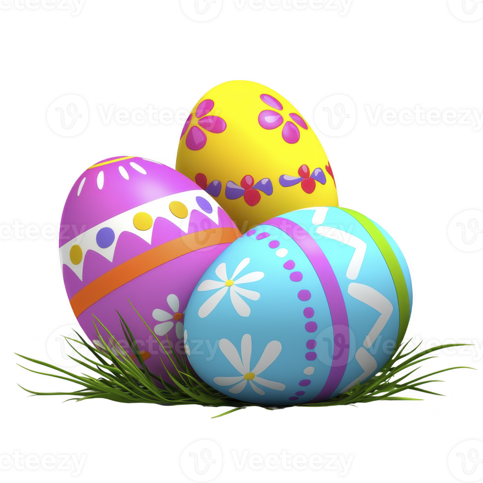 Colorful Easter eggs with floral and geometric patterns are nestled in green grass, creating festive and cheerful atmosphere. vibrant designs include pink, yellow, and blue hues png