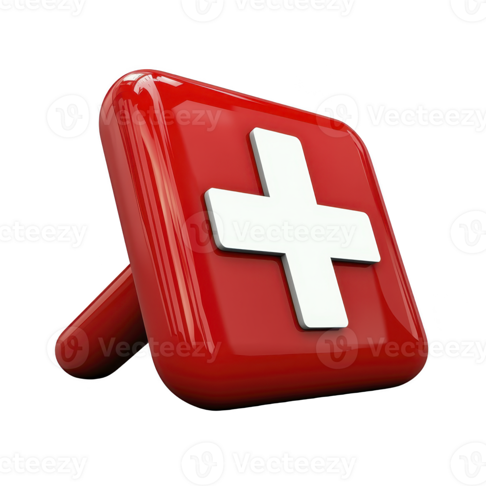 red 3D square icon with white cross symbol, representing healthcare or medical assistance, stands out with glossy finish. design is simple yet impactful png