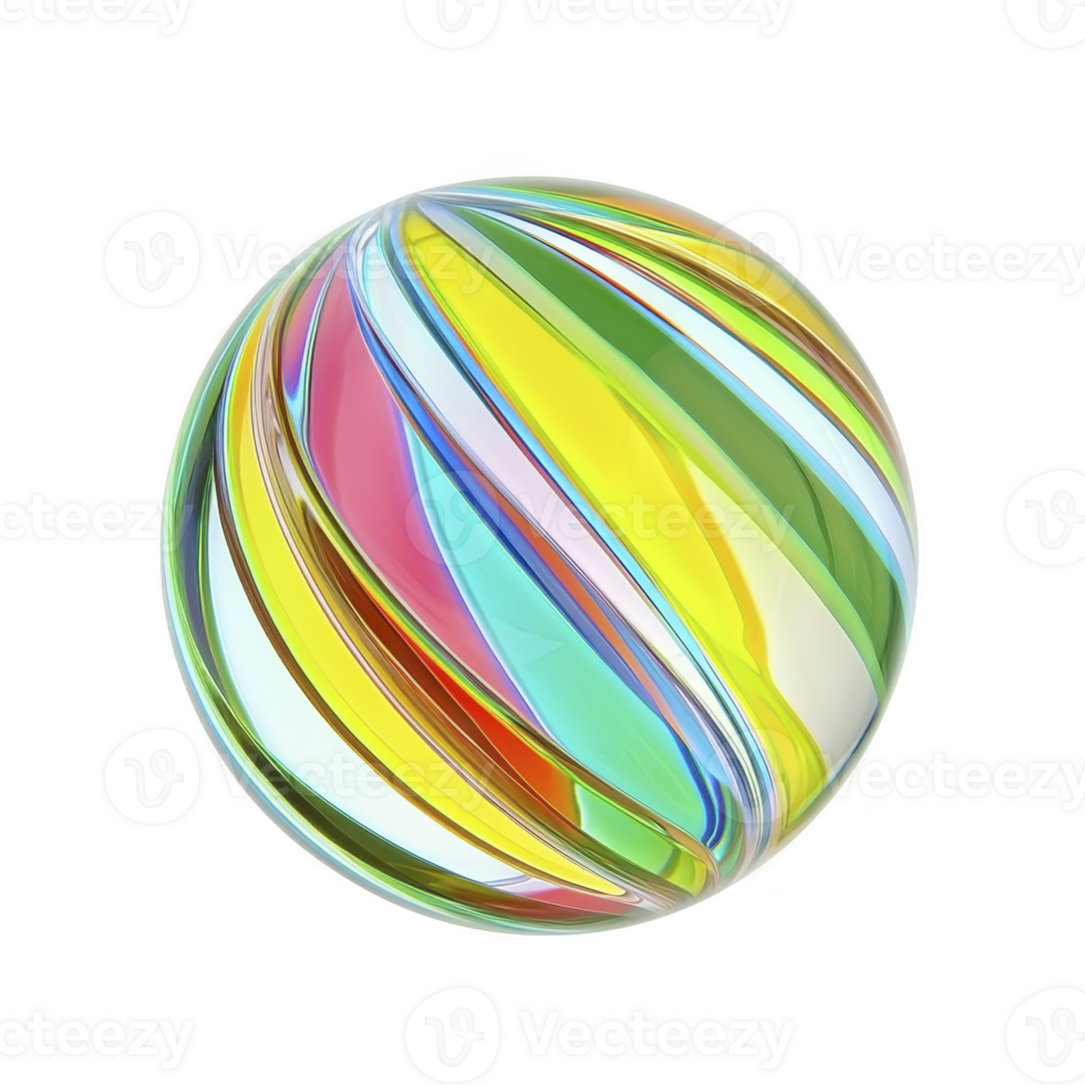 colorful glass marble with swirling patterns of yellow, blue, green, and red, creating vibrant and playful appearance. smooth, reflective surface enhances its visual appeal png