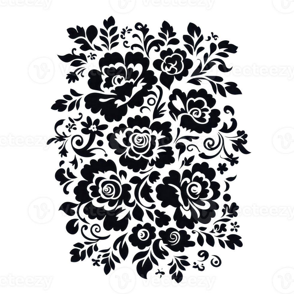 This features intricate floral pattern with detailed, swirling designs. black and white contrast highlights elegance and complexity of flowers and leaves, creating vintage and artistic feel png