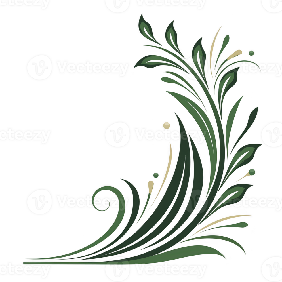 Elegant green floral corner design with swirling leaves and delicate accents, perfect for decorative purposes. intricate pattern adds touch of nature inspired beauty to any project png