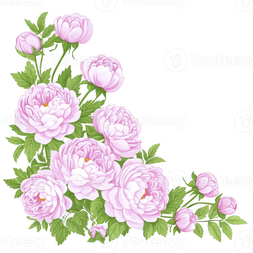 beautiful arrangement of pink peonies with lush green leaves creates elegant floral corner design, perfect for decorative purposes. delicate petals and vibrant foliage evoke sense of natural png