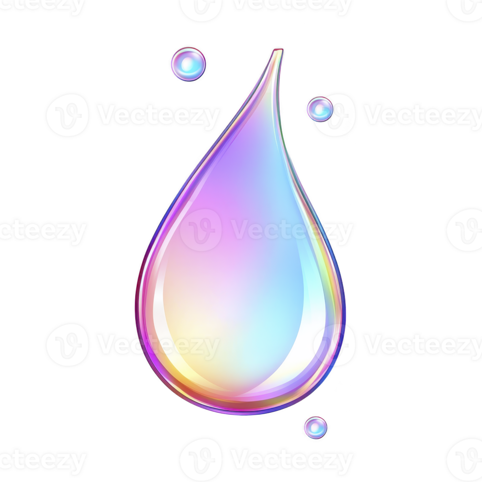 vibrant, iridescent water droplet with rainbow gradient effect, surrounded by smaller droplets, on transparent background. design is modern and eye catching png