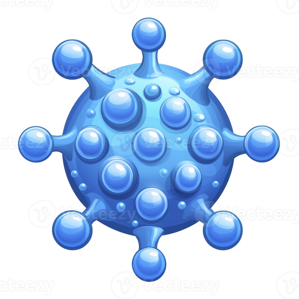 3D illustration of blue virus particle with spherical shape and protruding spikes, resembling microscopic organism. design is stylized and vibrant, conveying sense of scientific curiosity png