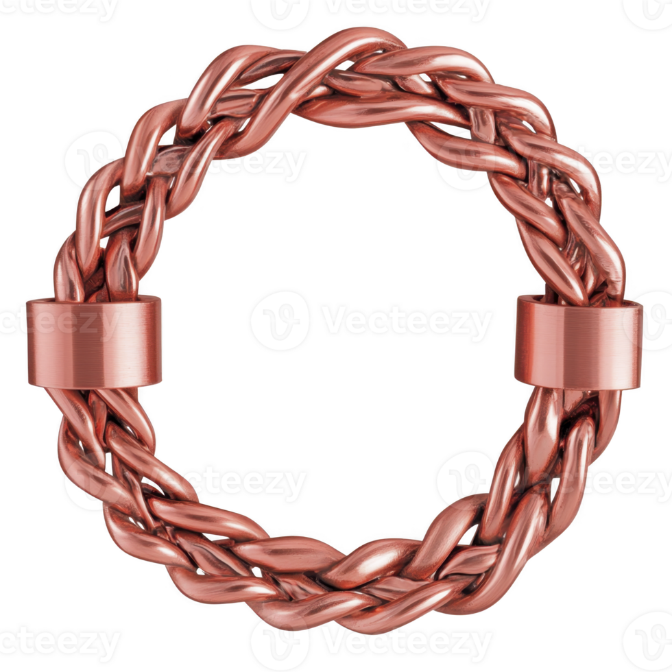 This is image of circular, braided copper ring with shiny finish, featuring two smooth bands. intricate design and metallic sheen give it elegant and artistic appearance png
