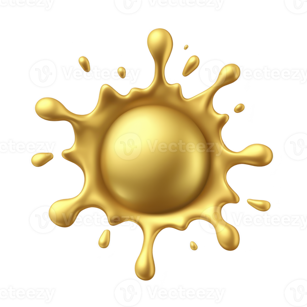 shiny golden splash with smooth, round center and dynamic droplets radiating outward, creating sense of motion and energy. metallic sheen adds luxurious and vibrant touch png