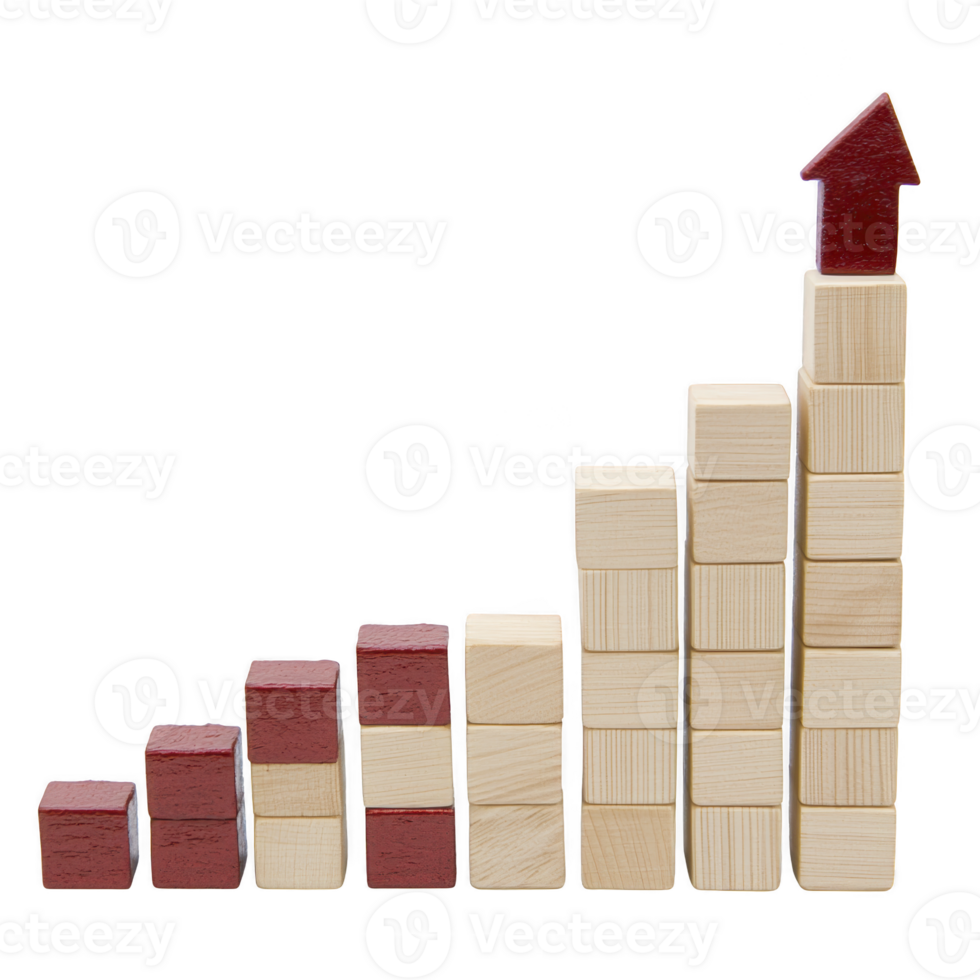 series of wooden blocks are stacked in ascending order, forming bar graph with red arrow on top, symbolizing growth and progress. blocks alternate between natural wood and red colors png