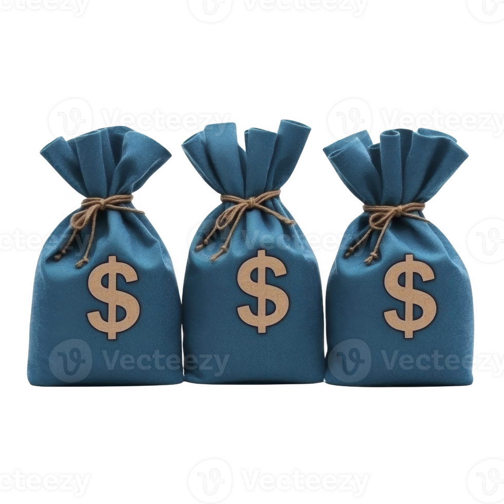 Three blue money bags with dollar signs are tied with brown strings, symbolizing wealth and savings. bags are neatly arranged in row, conveying sense of financial abundance and prosperity png