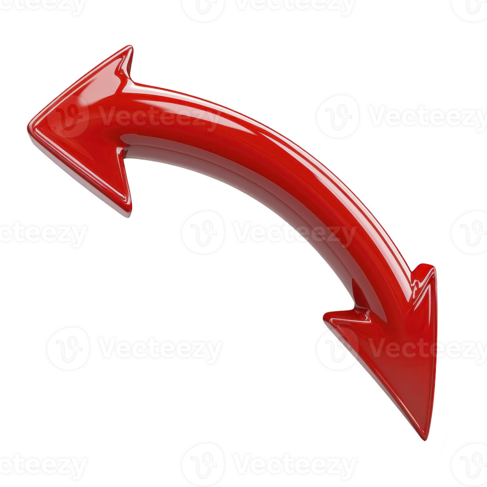 shiny red 3D arrow curves dynamically, pointing in opposite directions, symbolizing movement or choice. glossy surface and vibrant color add modern and energetic feel png