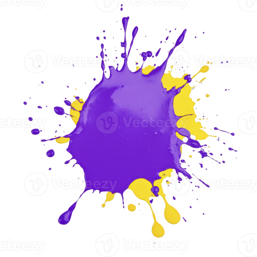 vibrant splash of purple and yellow paint creates dynamic and energetic visual effect, with droplets radiating outward. contrasting colors blend in striking and artistic manner png