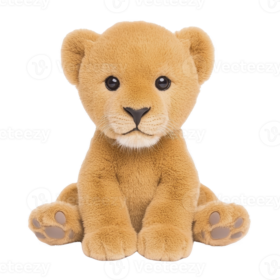 cute plush lion cub toy with soft fur and big eyes sits adorably, inviting cuddles. Its realistic design and gentle expression make it perfect for children and collectors alike png