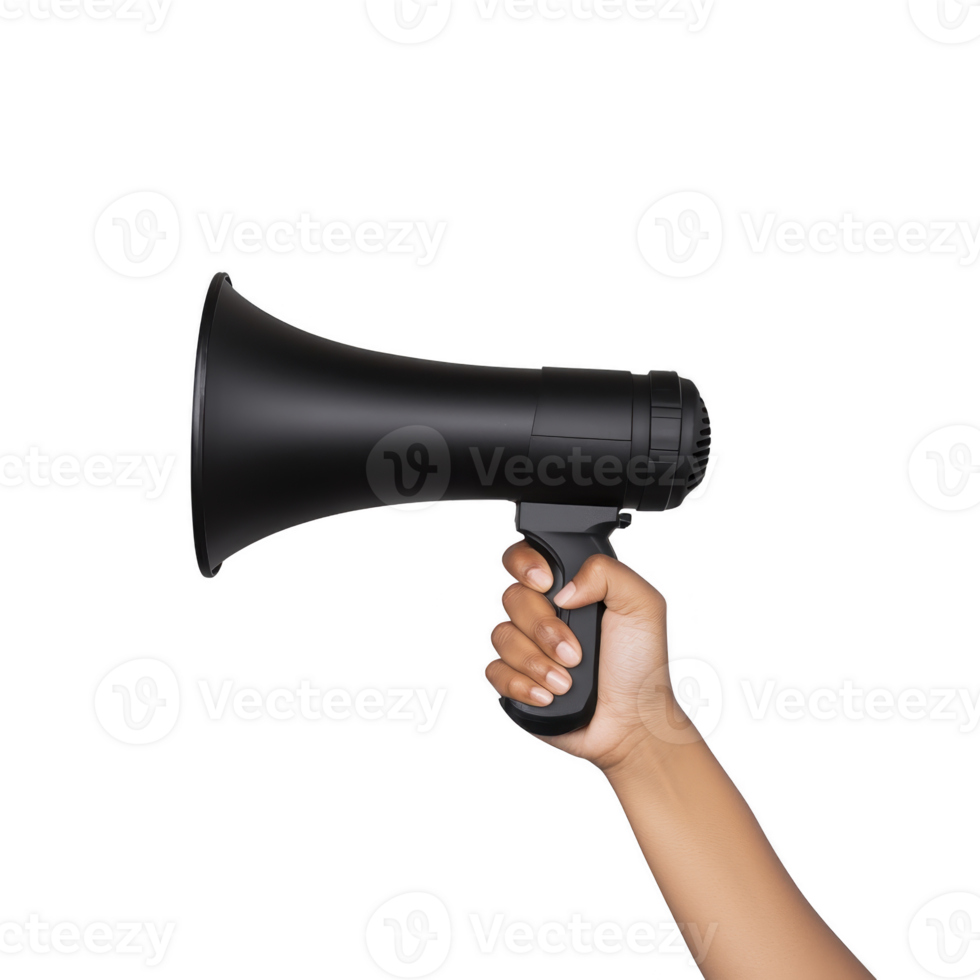hand holding black megaphone symbolizes communication and amplification. image conveys sense of urgency and importance, often associated with announcements or protests png