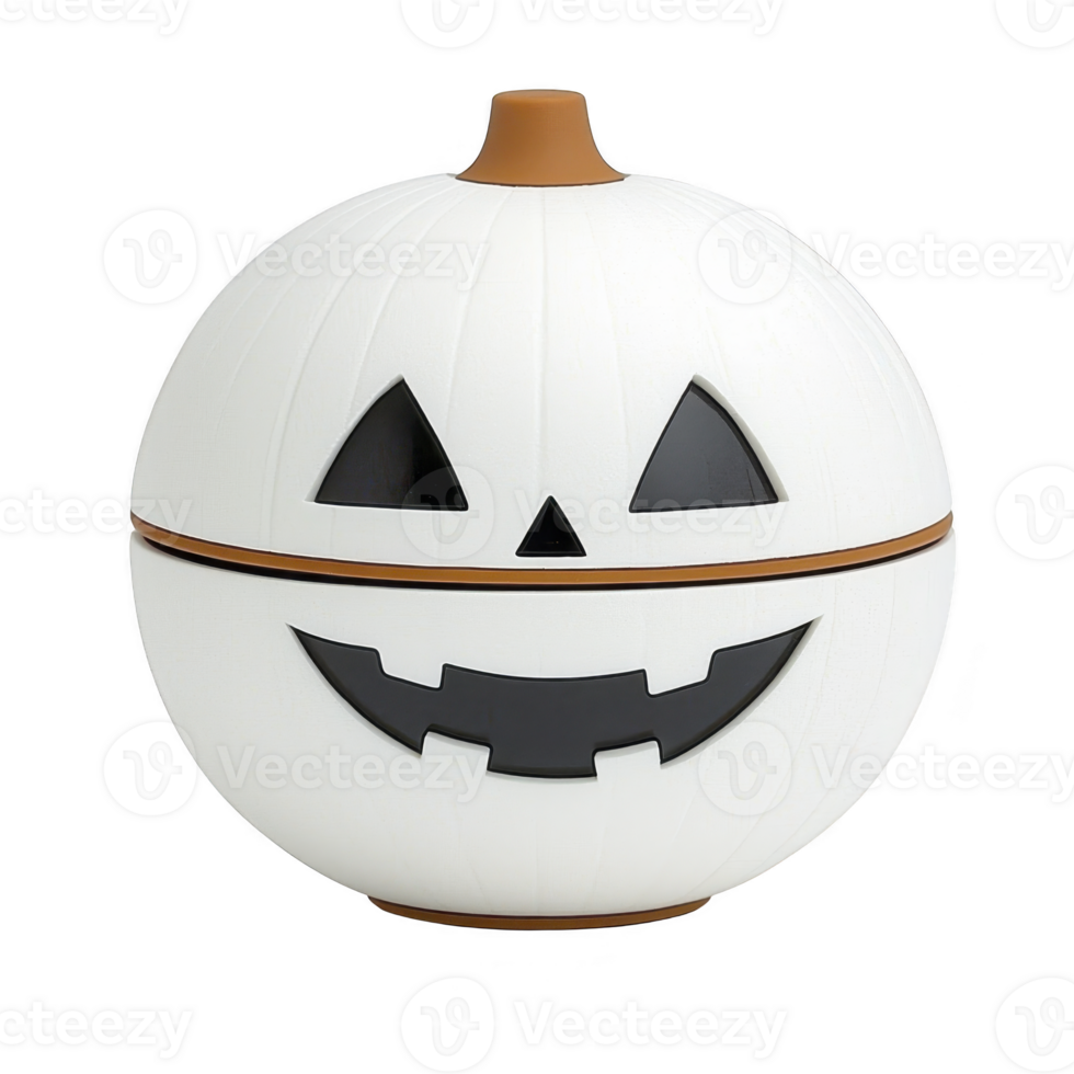 white pumpkin shaped container with carved jack o lantern face, featuring smiling expression. top resembles pumpkin stem, adding festive touch to design png