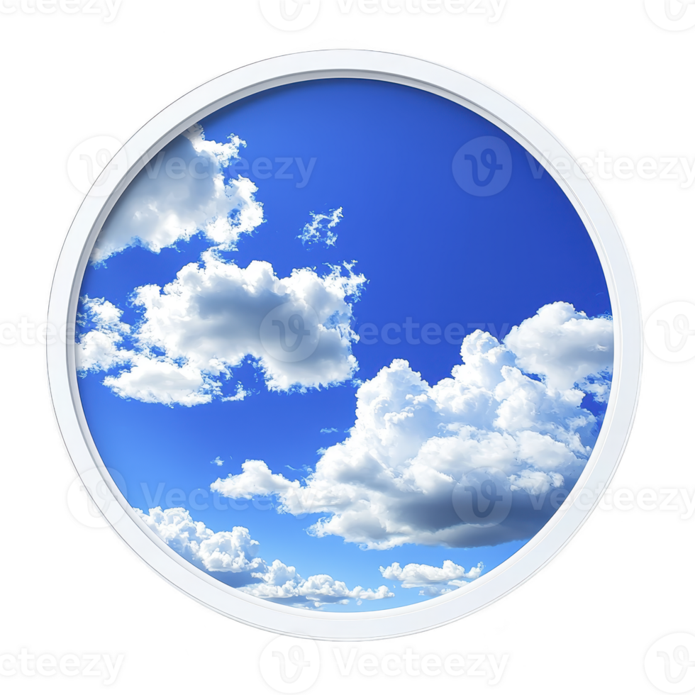 round window frame reveals vibrant blue sky filled with fluffy white clouds, creating serene and peaceful view. circular design adds unique perspective to natural scene png