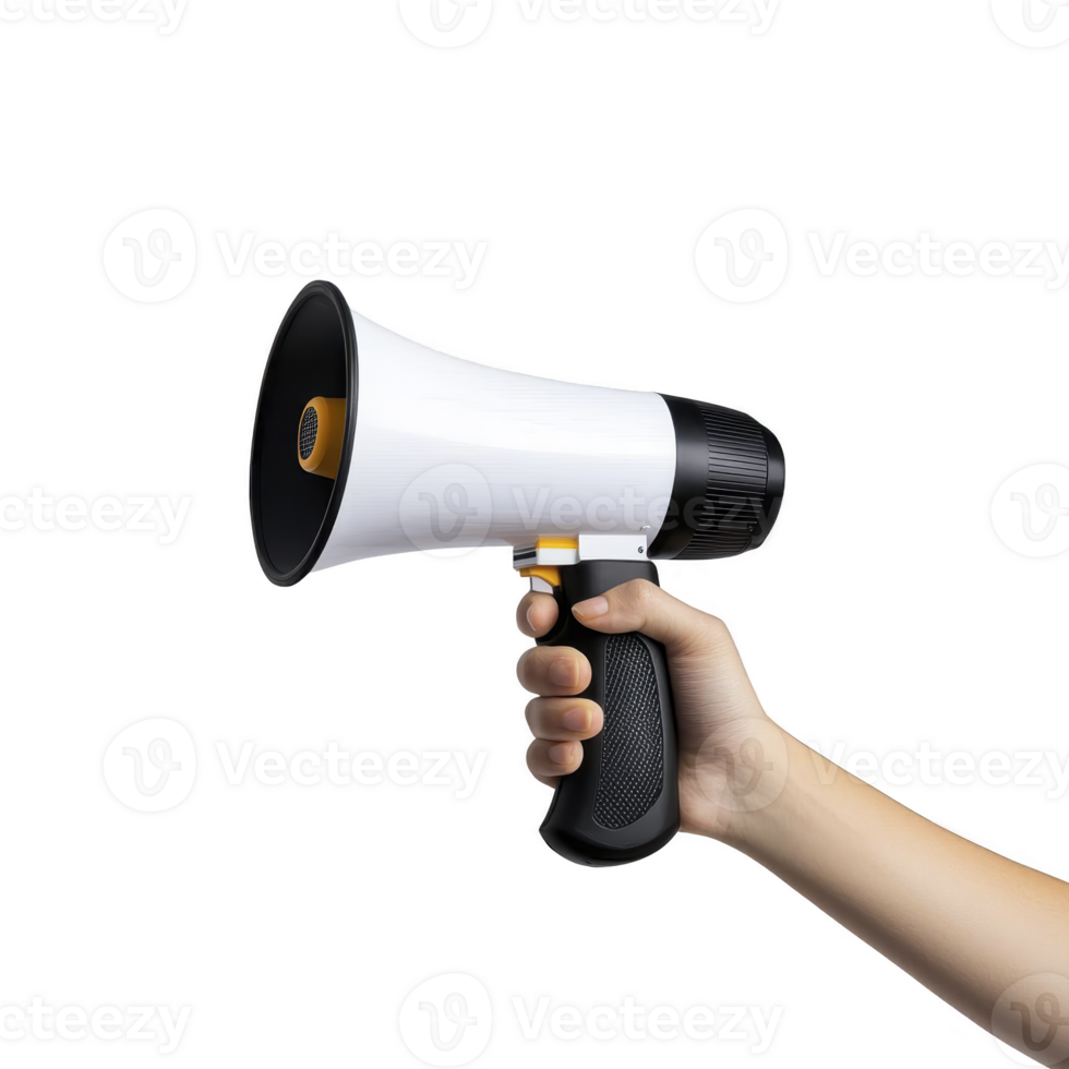 hand holding white and black megaphone, symbolizing communication and announcement. image conveys sense of urgency and importance, often used in public speaking or events png
