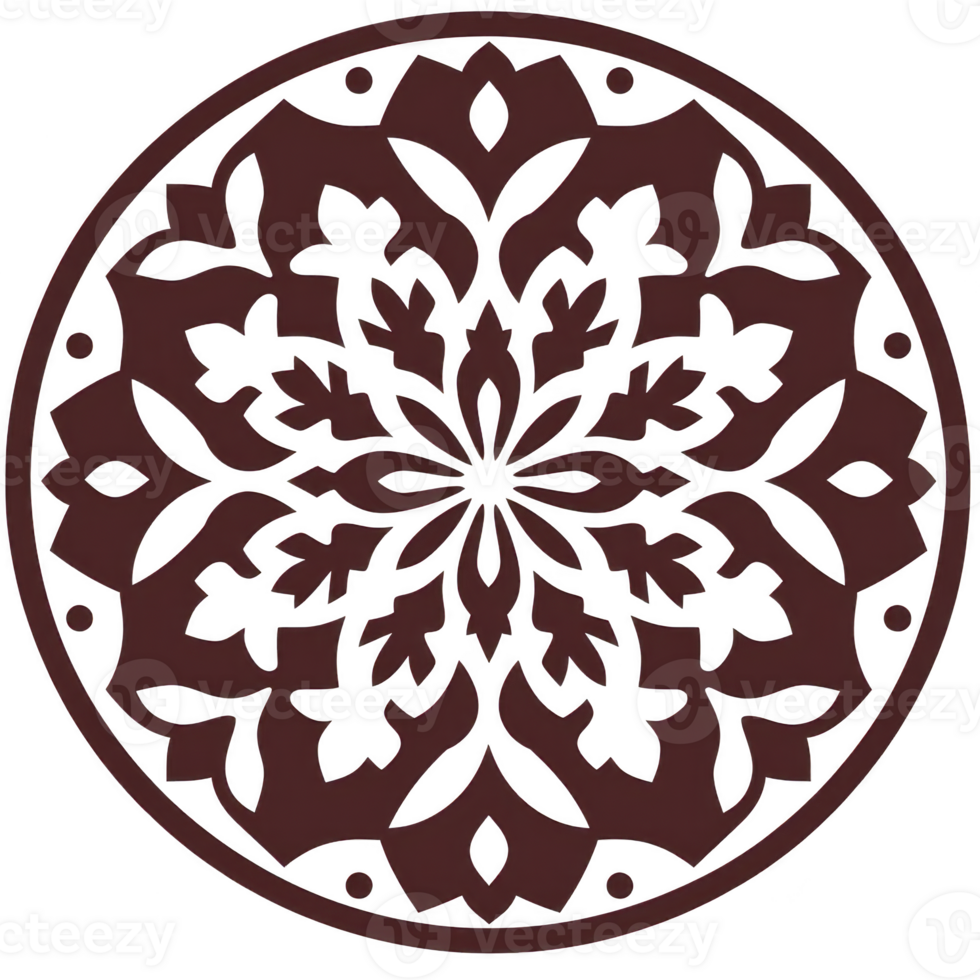 This features intricate circular mandala design with floral pattern deep maroon color. symmetrical design is detailed and artistic, creating sense of balance and harmony. mandala design with png