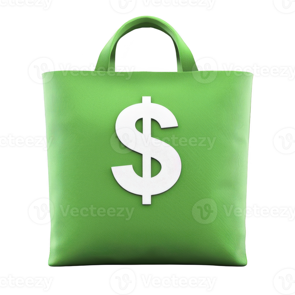 green shopping bag with large white dollar sign symbolizing savings or financial transactions. bag vibrant color and simple design convey sense of eco friendliness and economic value png