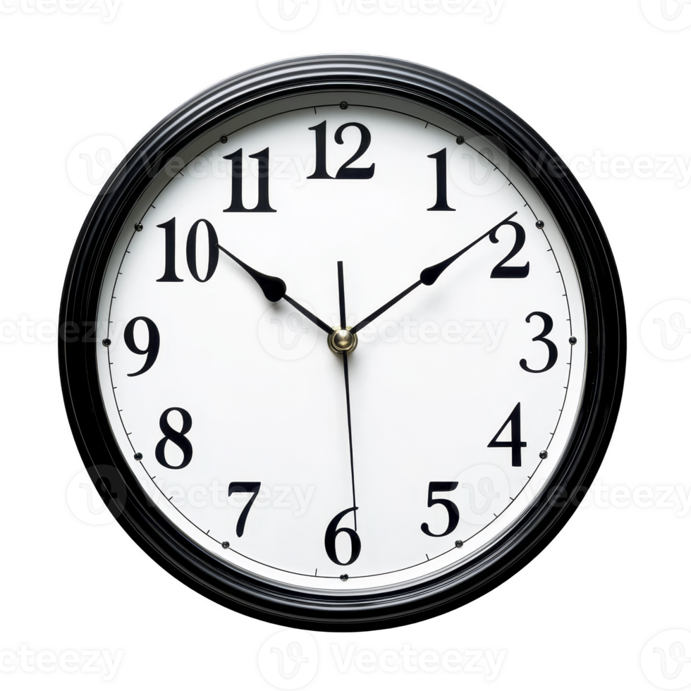 Classic round wall clock with black frame and white face, featuring black numerals and hands, shows time at 1010. simple design is suitable for home or office decor png
