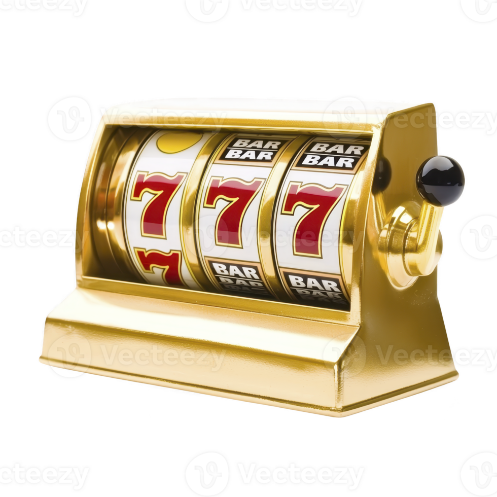 Golden slot machine with winning combination of sevens and bars, symbolizing luck and excitement in gambling. shiny metallic finish adds luxurious touch to classic casino game png