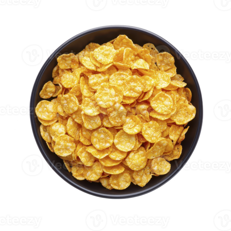 Bowl filled with golden, crispy cornflakes, perfect for breakfast meal or snack. flakes are evenly coated, giving them shiny, appetizing appearance png