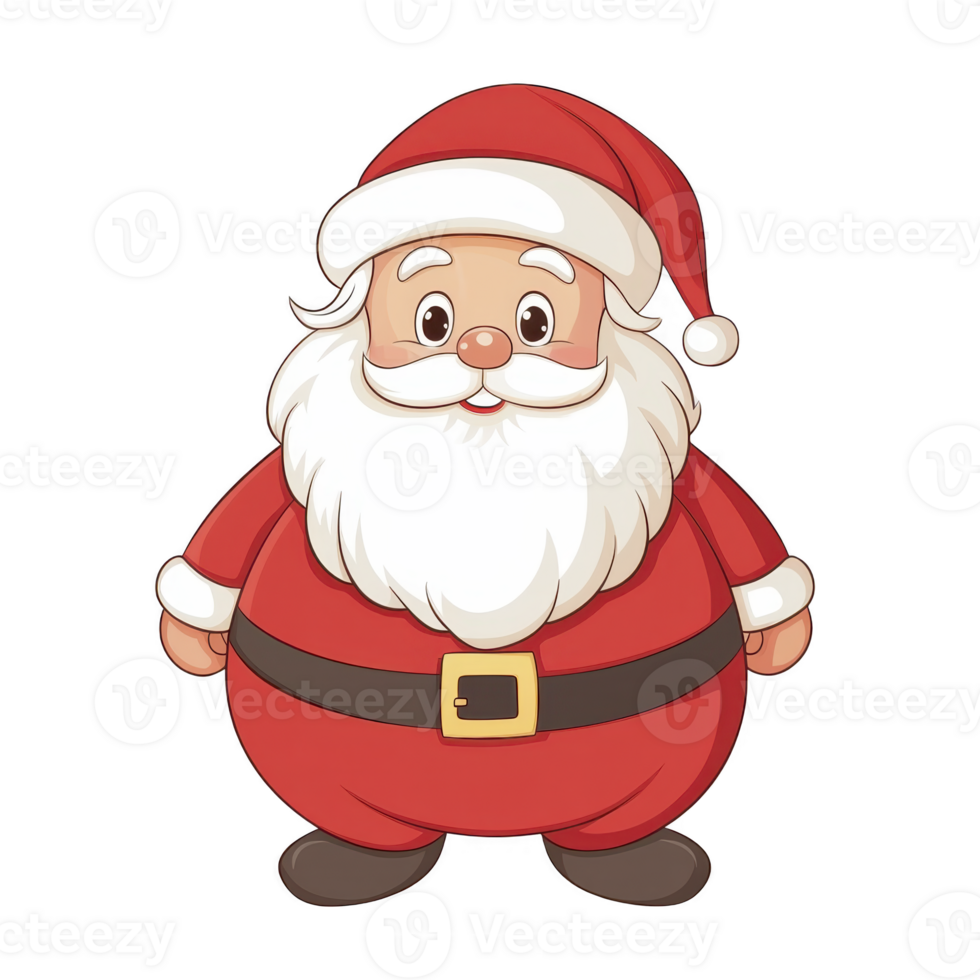 Cheerful cartoon Santa Claus with big white beard and red suit stands smiling. He wears classic red hat with white pom pom and black belt with gold buckle png
