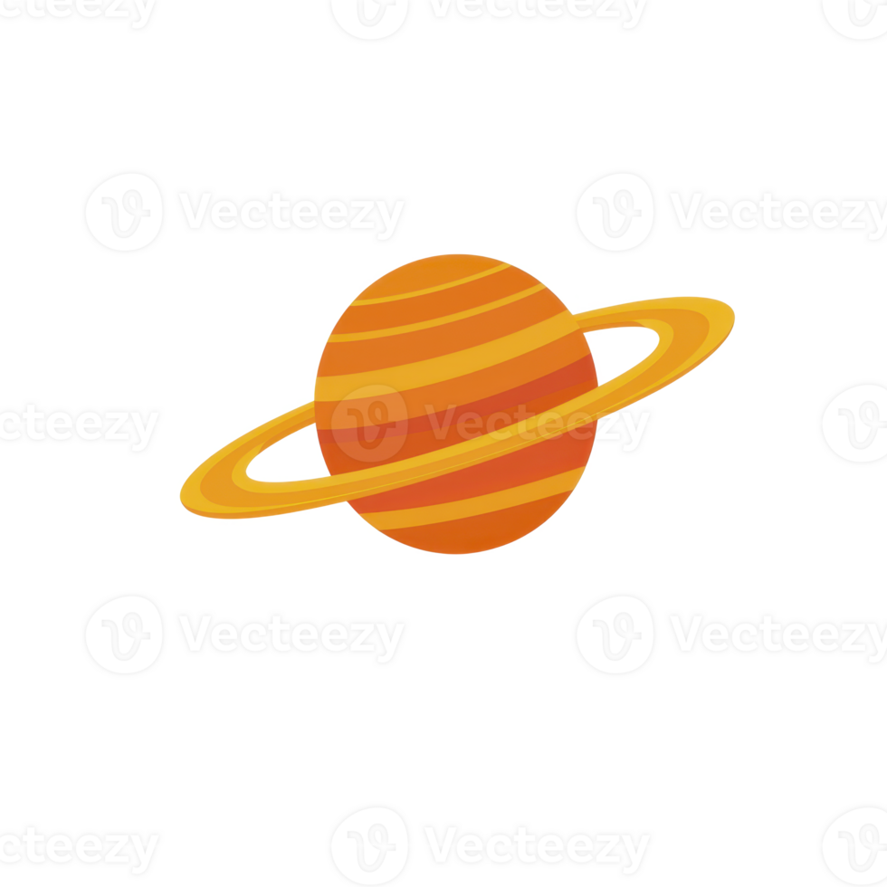 Illustration of orange planet with rings, resembling Saturn, set against transparent background. planet features striped patterns, giving it vibrant and dynamic appearance png