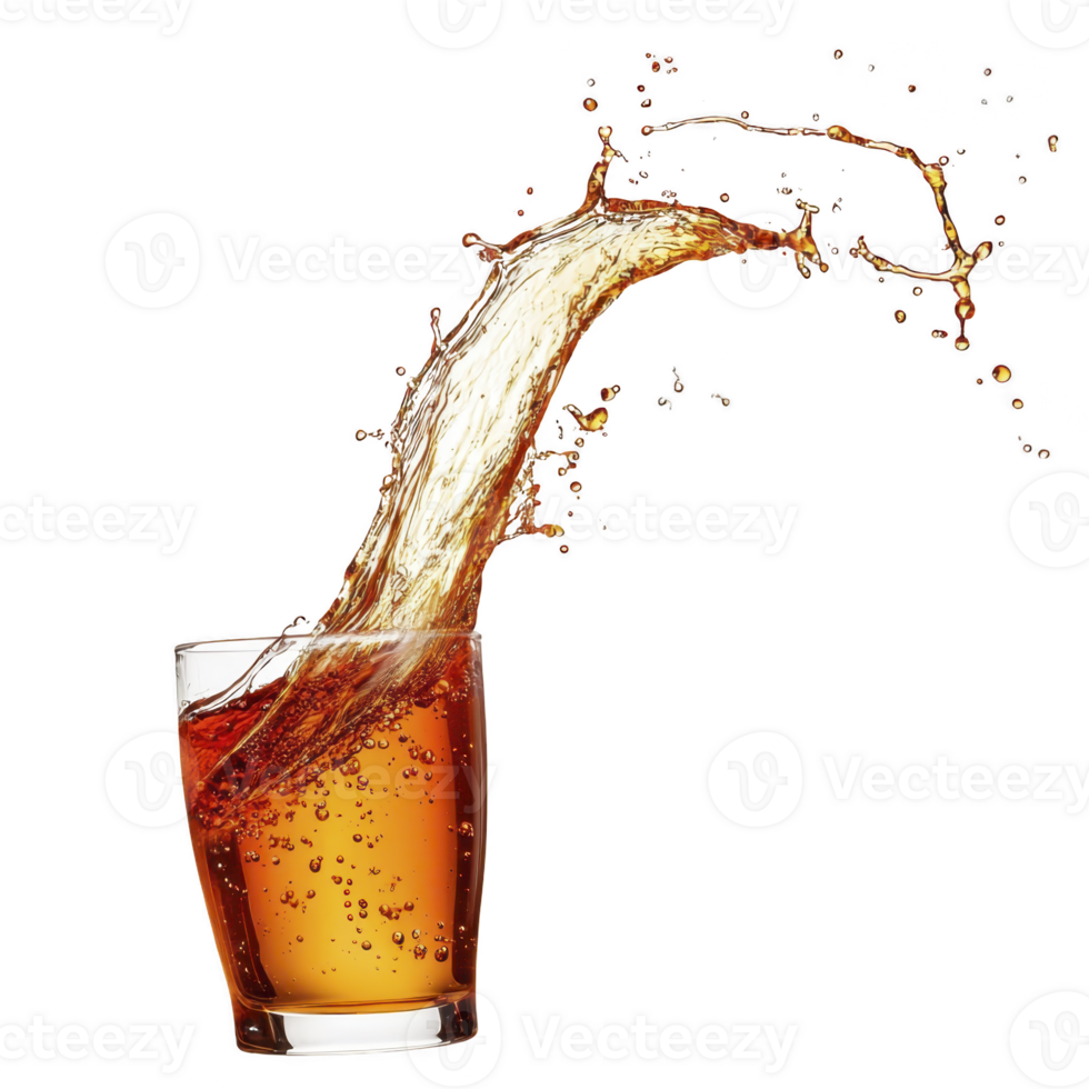 Splash of fizzy brown soda erupts energetically from clear glass, capturing dynamic motion of carbonated beverage. bubbles add lively texture to scene png