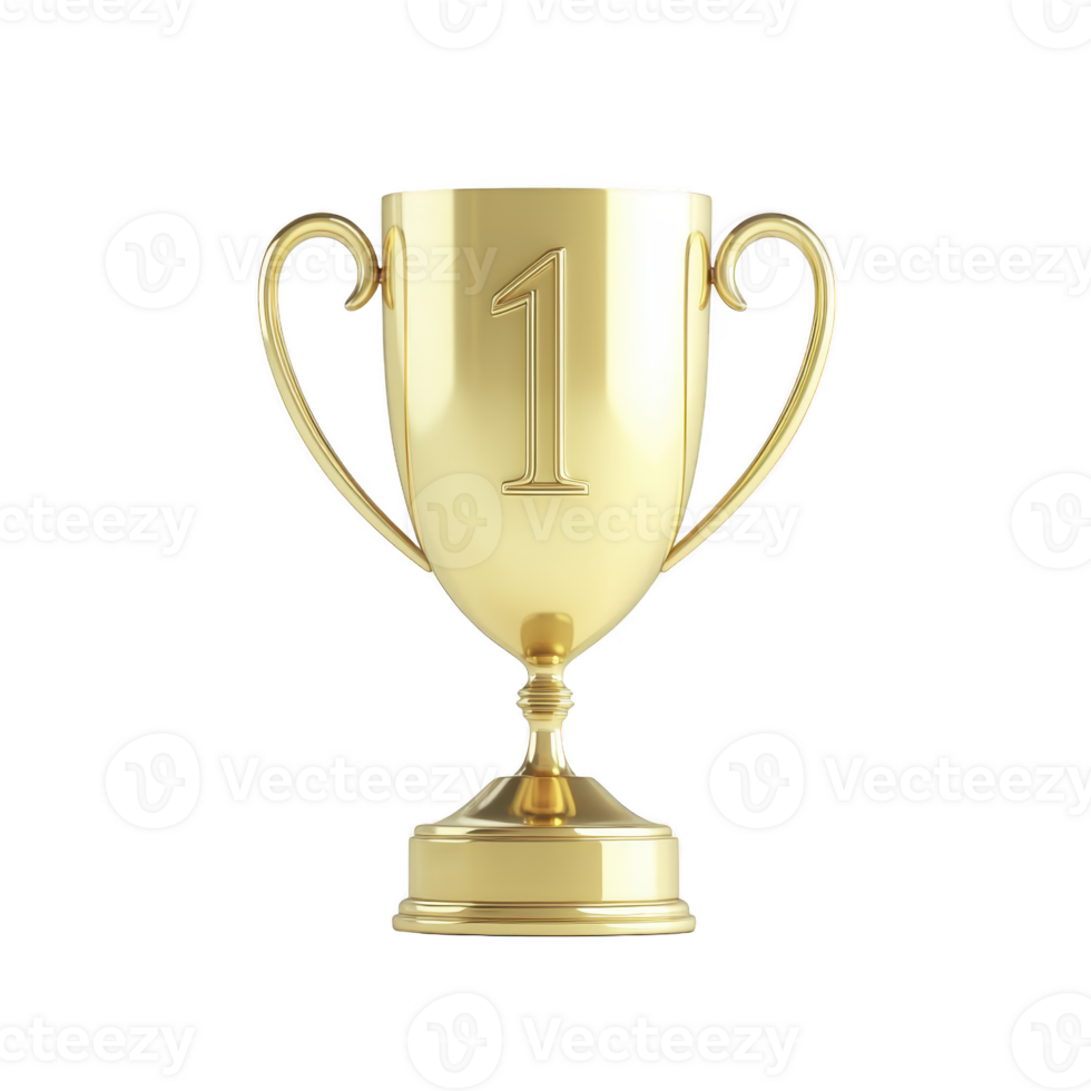 Shiny gold trophy with number one engraved, symbolizing victory and achievement. elegant design features curved handles and polished finish, perfect for celebrating success png