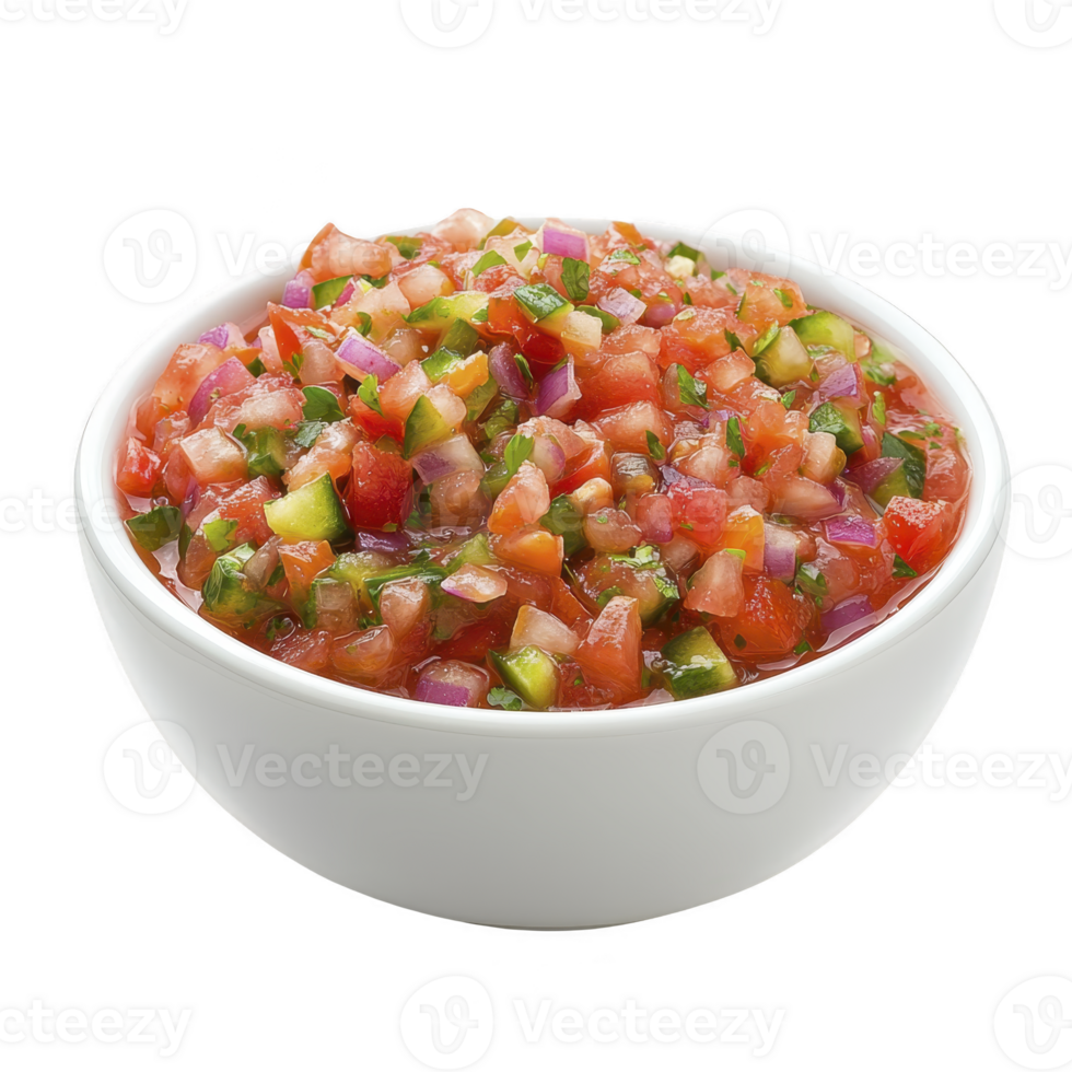 Bowl of fresh salsa featuring diced tomatoes, onions, and green peppers, perfect for vibrant and flavorful appetizer png