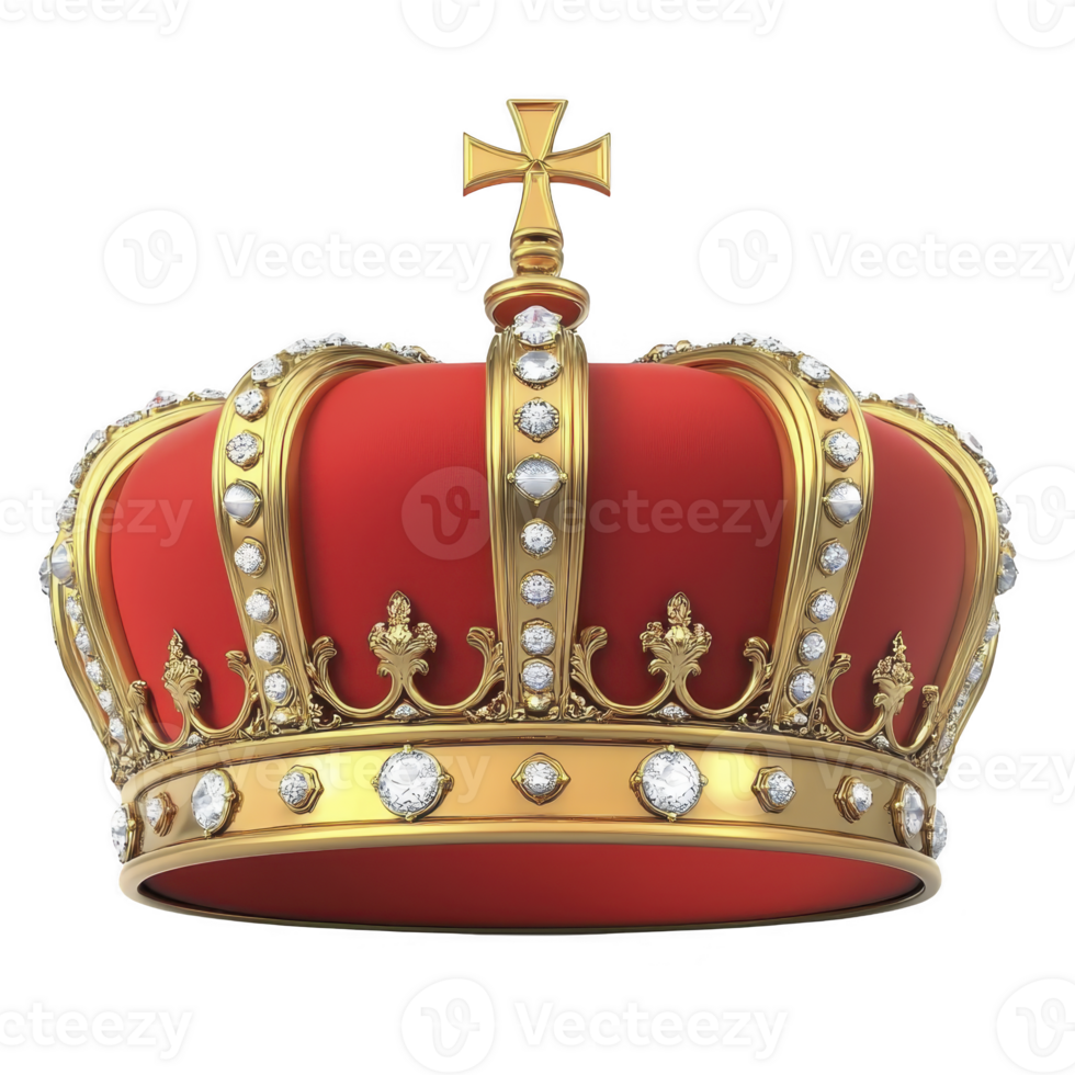 Luxurious red and gold crown adorned with sparkling diamonds and intricate details, featuring cross on top, symbolizes royalty and elegance png