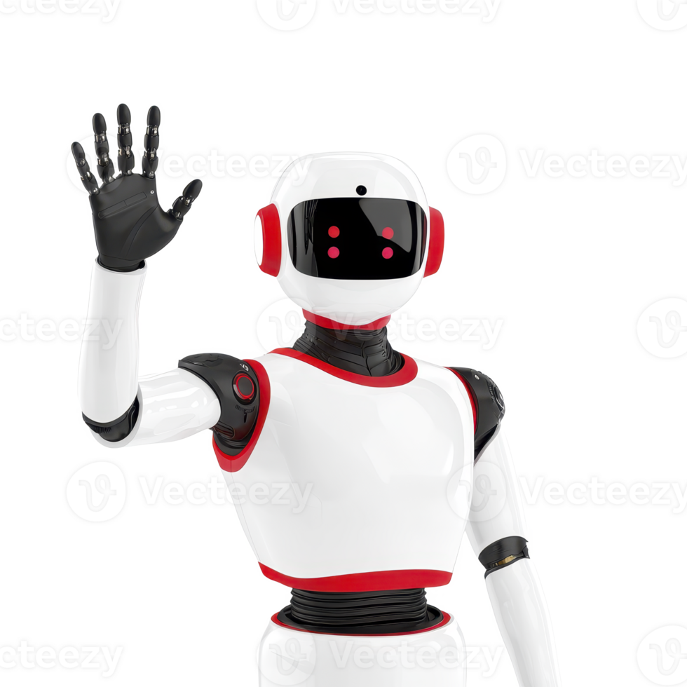 Friendly humanoid robot with white and red design is waving its hand, showcasing advanced technology and futuristic innovation. robot sleek appearance highlights modern robotics png