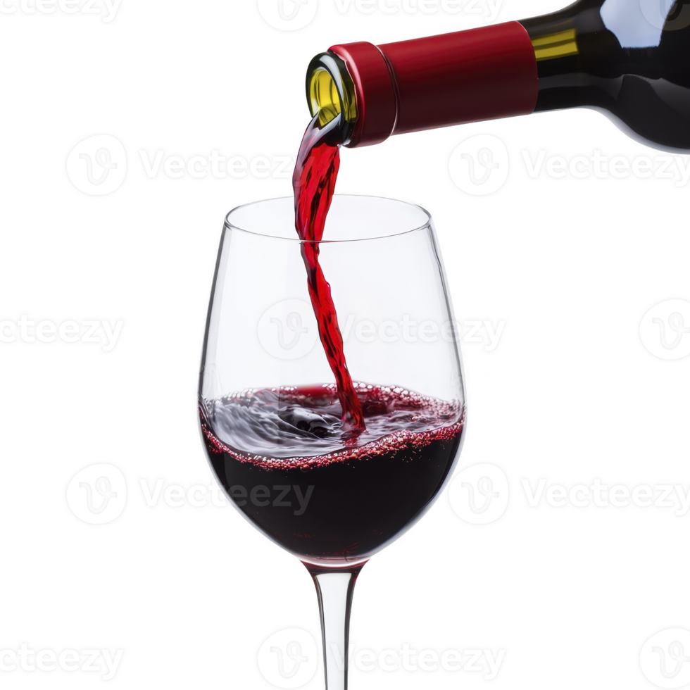Stream of red wine is being poured into clear wine glass, creating sense of elegance and indulgence. rich color of wine contrasts with transparency of glass png