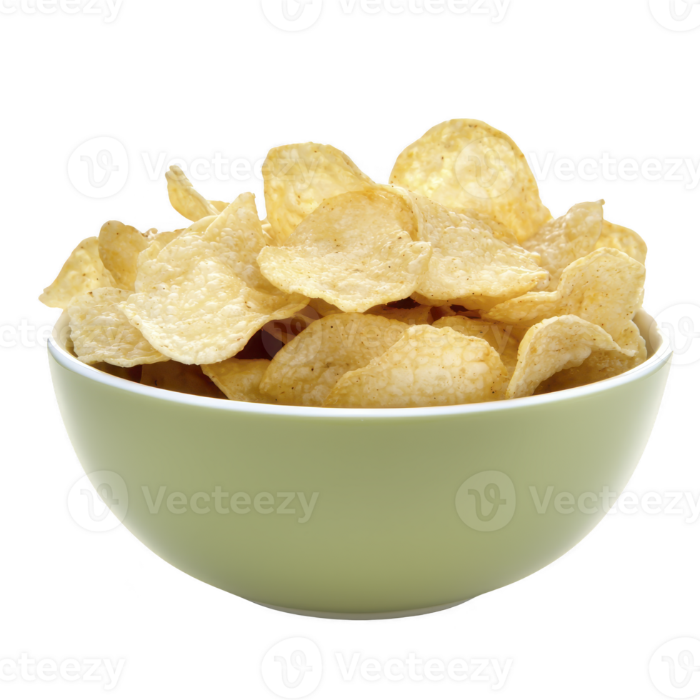 Bowl of crispy potato chips is filled to brim, showcasing their golden color and crunchy texture, perfect for snacking png