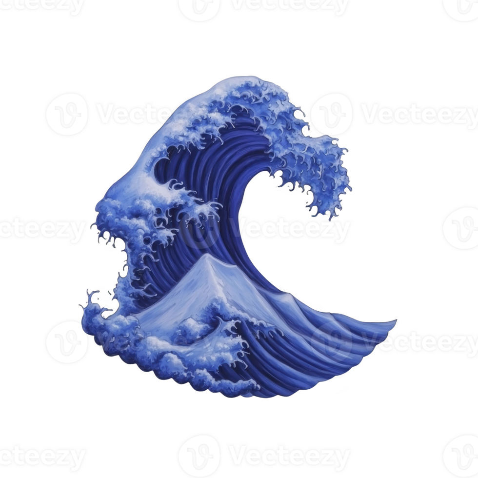 Stylized illustration of large, curling ocean wave with dynamic movement and frothy details, evoking sense of power and fluidity. wave is depicted in shades of blue and white png