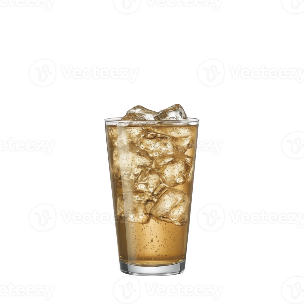 Refreshing glass of iced tea filled with ice cubes, showcasing golden brown hue. drink is served in clear glass, highlighting its cool and inviting appearance png