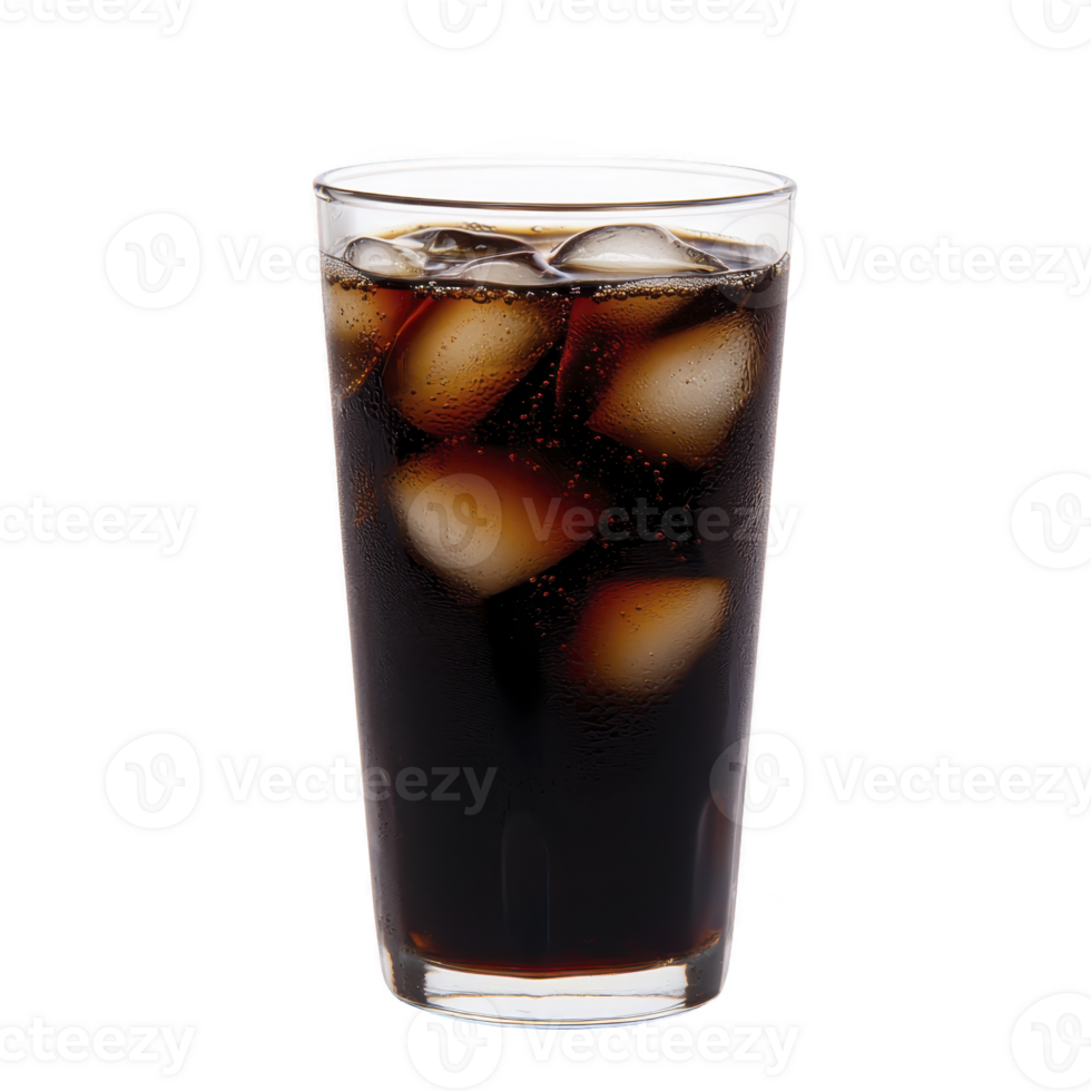 Tall glass filled with refreshing iced , showcasing ice cubes floating in dark, fizzy beverage. condensation on glass adds to cool, thirst quenching appeal png
