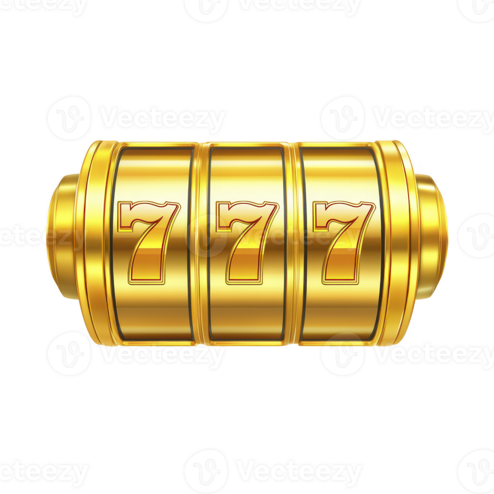 Golden slot machine reels displaying number seven, symbolizing luck and winning in gambling. shiny gold design evokes excitement and anticipation in casino setting png